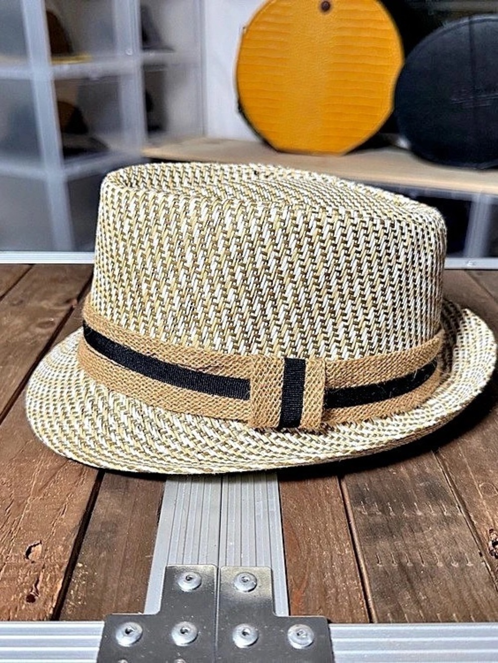 NYLA District Natural Woven Fedora Hat Tan Black Band 57cm 7 1/8